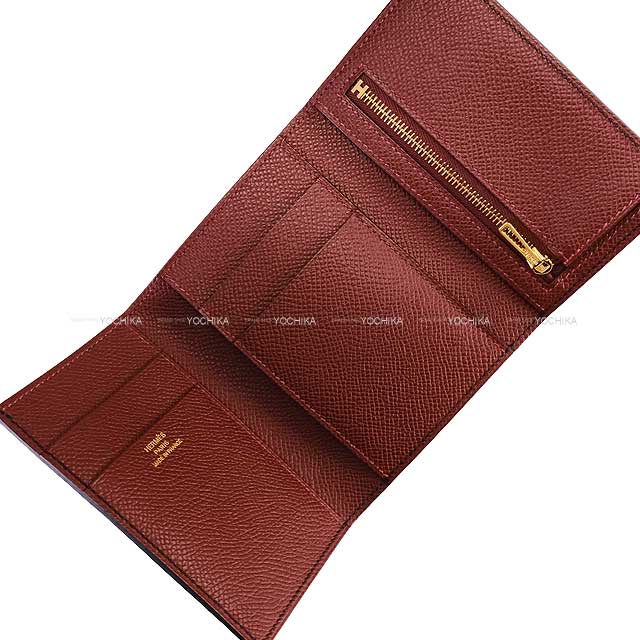 HERMES Tri-fold wallet Bearn Combine Verso Noir (Black)/Rouge H Veau Epsom Gold HW Stamp K[BRAND NEW][Authentic]