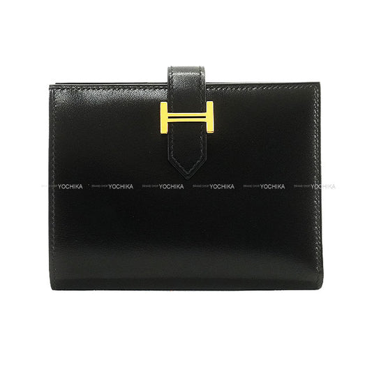 HERMES Bi-fold wallet Bearn Compact Noir (Black) Box Calf Gold HW Stamp Y[ALMOST NEW][Authentic]