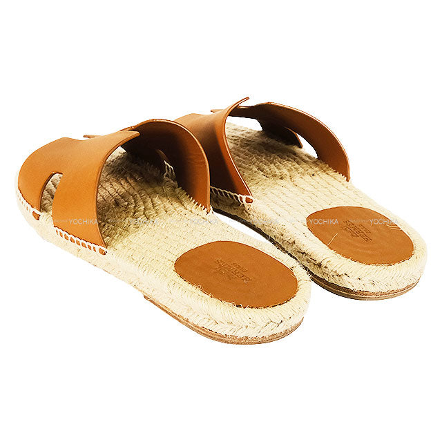 [Pre-loved] HERMES sandals Antigua Gold Calf/Raffia #43[USED SA][Authentic]