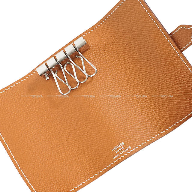 [Pre-loved] HERMES key case Bearn 4-row key case Gold Veau Epsom Silver HW Stamp U[LIKE NEW][Authentic]