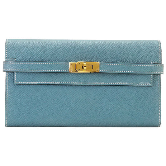 HERMES long wallet Kelly Wallet Long classic Bleu Jean Veau Epsom Gold HW Stamp □M[EXCELLENT][Authentic]