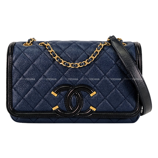 [Pre-loved] CHANEL Shoulder bag Chain Filigree Big COCO Mark Small Flap Navy/Noir (Black) Graind Calf(Caviarskin) Antique Gold HW A93340[USED SA][Authentic]