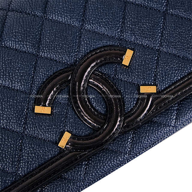 [Pre-loved] CHANEL Shoulder bag Chain Filigree Big COCO Mark Small Flap Navy/Noir (Black) Graind Calf(Caviarskin) Antique Gold HW A93340[USED SA][Authentic]