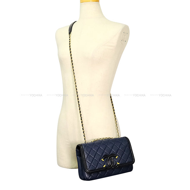 [Pre-loved] CHANEL Shoulder bag Chain Filigree Big COCO Mark Small Flap Navy/Noir (Black) Graind Calf(Caviarskin) Antique Gold HW A93340[USED SA][Authentic]