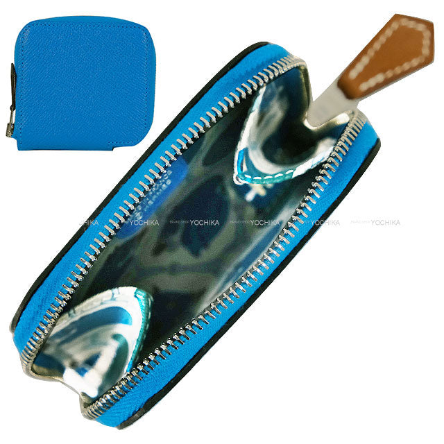 HERMES change purse Azap Silk'in Mini Tatersale Bleu Zanzibar Veau Epsom/Silk100%/Veau Barenia Silver HW Stamp A[EXCELLENT][Authentic]