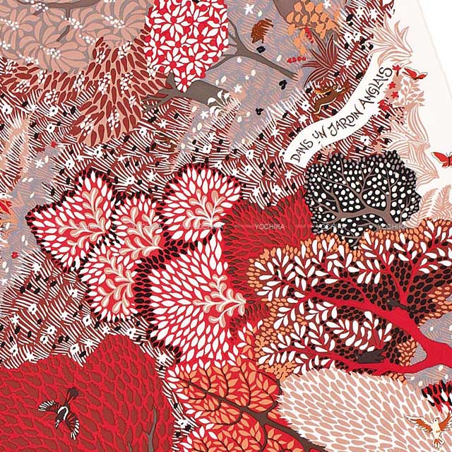 HERMES scarf Carre 90 Dans Un Jardin Anglais White/Bordeaux/Gris) Silk100%[EXCELLENT][Authentic]