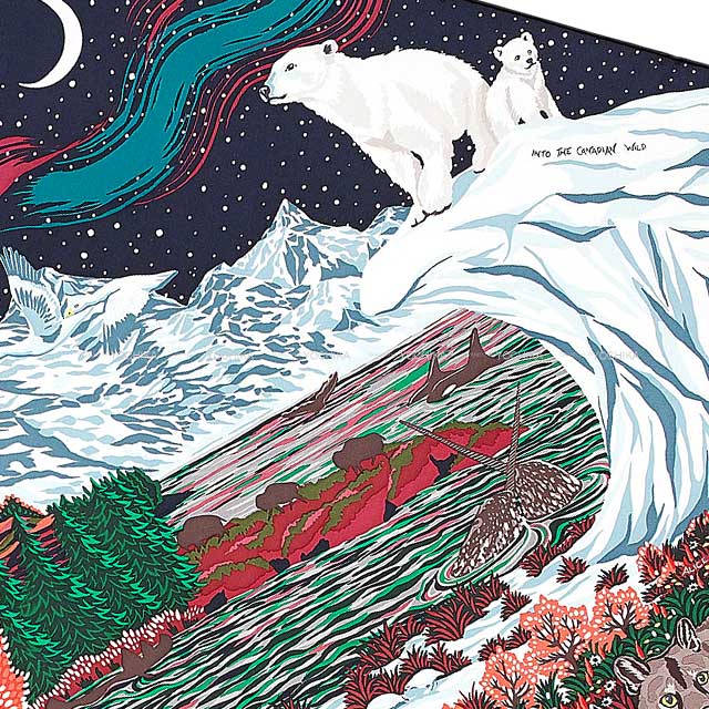 HERMES scarf Carre 90 Into the Canadian Wild Vert/Coral/Bordeaux Silk100%[EXCELLENT][Authentic]