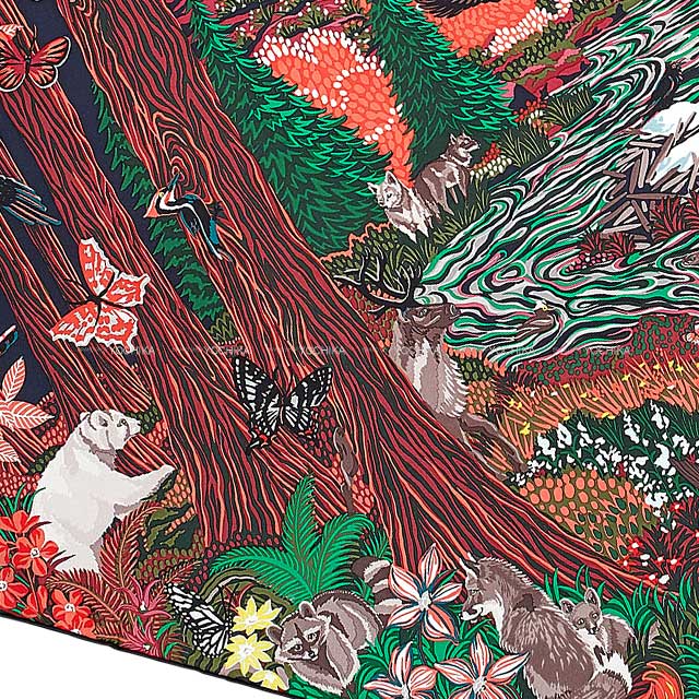 HERMES scarf Carre 90 Into the Canadian Wild Vert/Coral/Bordeaux Silk100%[EXCELLENT][Authentic]