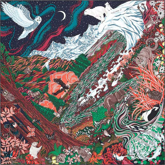 HERMES scarf Carre 90 Into the Canadian Wild Vert/Coral/Bordeaux Silk100%[EXCELLENT][Authentic]