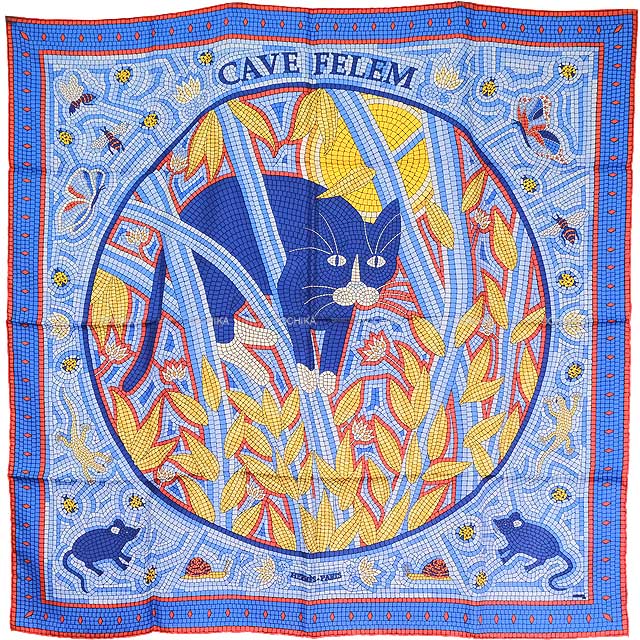 HERMES scarf Carre 90 CAVE FELEM Red/Marine/Gold Silk100%[EXCELLENT][Authentic]