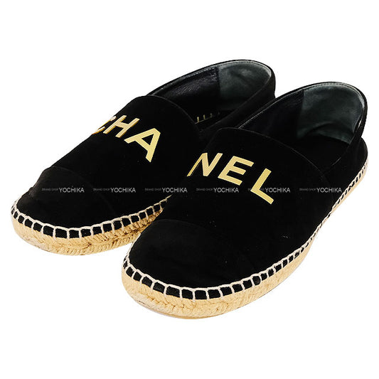 [Pre-loved] CHANEL Flat Espadrille Logo Noir (Black) Suede #37 Gold HW G34012[LIKE NEW][Authentic]