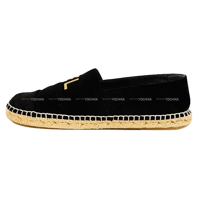 [Pre-loved] CHANEL Flat Espadrille Logo Noir (Black) Suede #37 Gold HW G34012[LIKE NEW][Authentic]