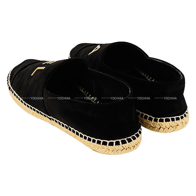 [Pre-loved] CHANEL Flat Espadrille Logo Noir (Black) Suede #37 Gold HW G34012[LIKE NEW][Authentic]