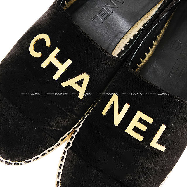[Pre-loved] CHANEL Flat Espadrille Logo Noir (Black) Suede #37 Gold HW G34012[LIKE NEW][Authentic]