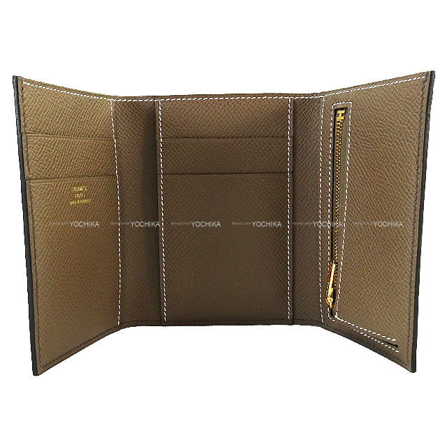 HERMES Tri-fold wallet Bearn Combine Verso Etain/Etoupe Veau Epsom Gold HW Stamp K[BRAND NEW][Authentic]