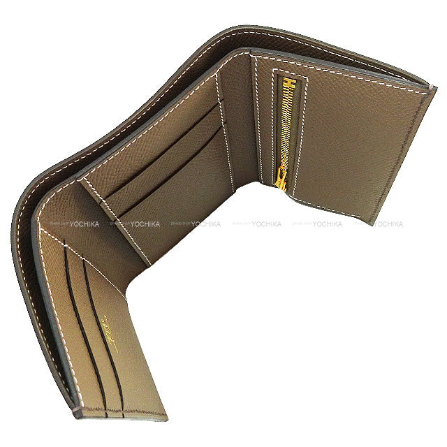 HERMES Tri-fold wallet Bearn Combine Verso Etain/Etoupe Veau Epsom Gold HW Stamp K[BRAND NEW][Authentic]