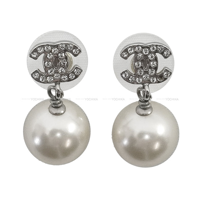 [Pre-loved] CHANEL pierced earring COCOmark pearl rhinestone dated Fake pearl/rhinestone Silver HW A36138[LIKE NEW][Authentic]