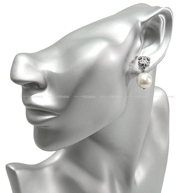 [Pre-loved] CHANEL pierced earring COCOmark pearl rhinestone dated Fake pearl/rhinestone Silver HW A36138[LIKE NEW][Authentic]