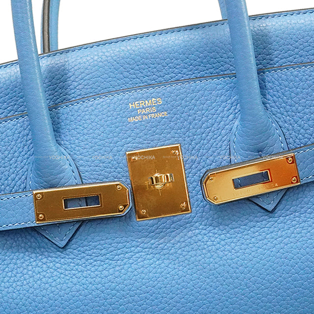 [Pre-loved] HERMES Handbag Birkin35 Bleu Paradis Taurillon Clemence Gold HW Stamp □R[USED SA][Authentic]