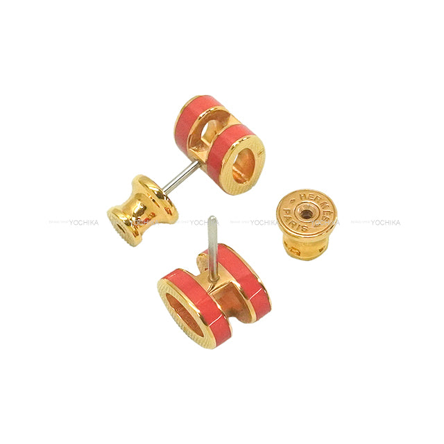 [Pre-loved] HERMES pierced earring Mini Pop H orange graffiti Gold Plated/lacquer[LIKE NEW][Authentic]