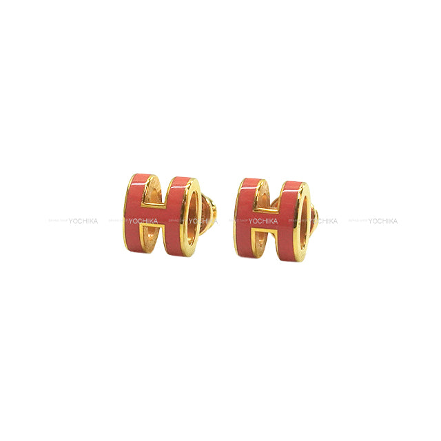 [Pre-loved] HERMES pierced earring Mini Pop H orange graffiti Gold Plated/lacquer[LIKE NEW][Authentic]