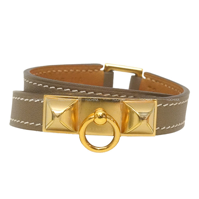 HERMES bracelet Rival mini Double Tour Etoupe Veau Swift Gold HW Stamp C[EXCELLENT][Authentic]