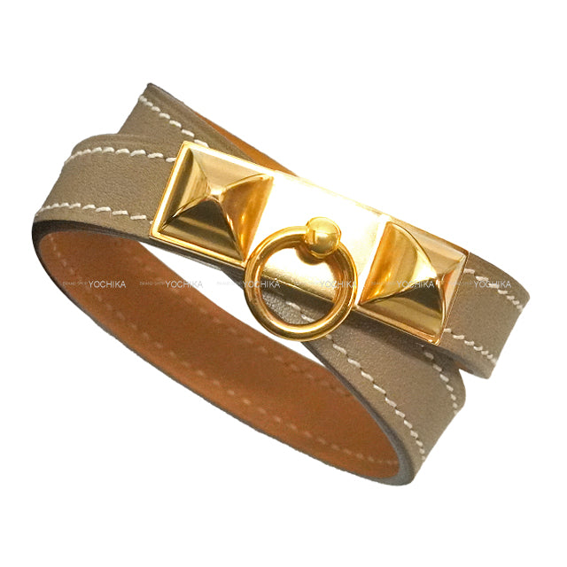 HERMES bracelet Rival mini Double Tour Etoupe Veau Swift Gold HW Stamp C[EXCELLENT][Authentic]