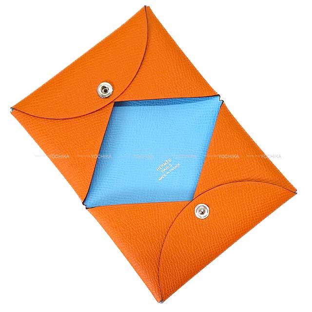 HERMES card holder Calvi Verso Orange/Celeste Veau Epsom Silver HW Stamp B[EXCELLENT][Authentic]