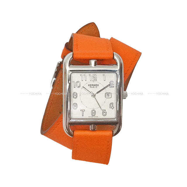 [Pre-loved] HERMES Watches Cape Cod GM 37mm CC2.710 Quartz Double Tour Orange Veau Swift Silver HW Stamp T[LIKE NEW][Authentic]