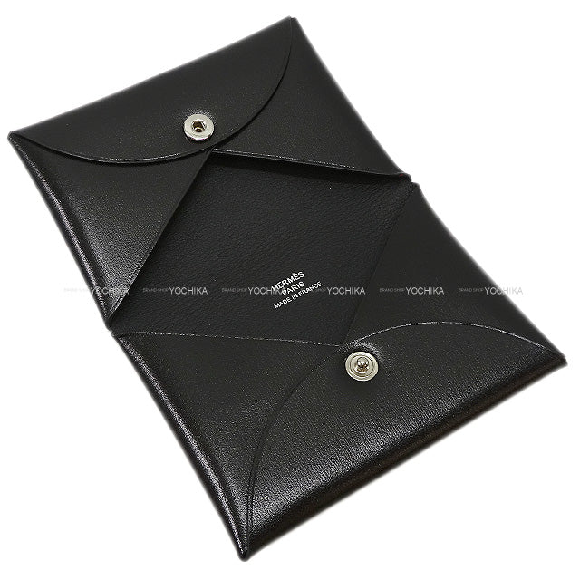 HERMES card holder Calvi Noir (Black) Box Calf Silver HW Stamp D MZ011BI[EXCELLENT][Authentic]
