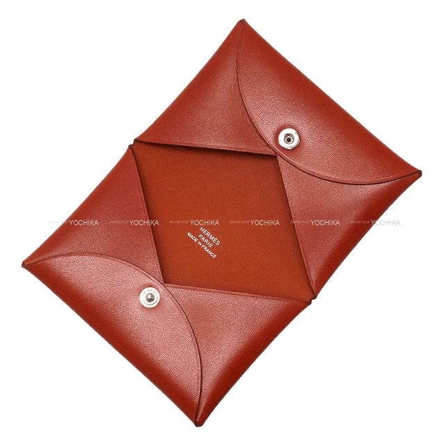 HERMES card holder Calvi Brique Box Calf Silver HW Stamp B[EXCELLENT][Authentic]