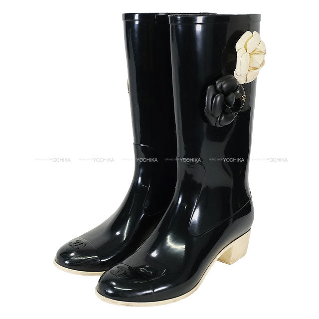 [Pre-loved] CHANEL boots Women's camellia Rain Boots COCO Mark Noir (Black)/Blanc (White)  #40 G26648[USED AB][Authentic]