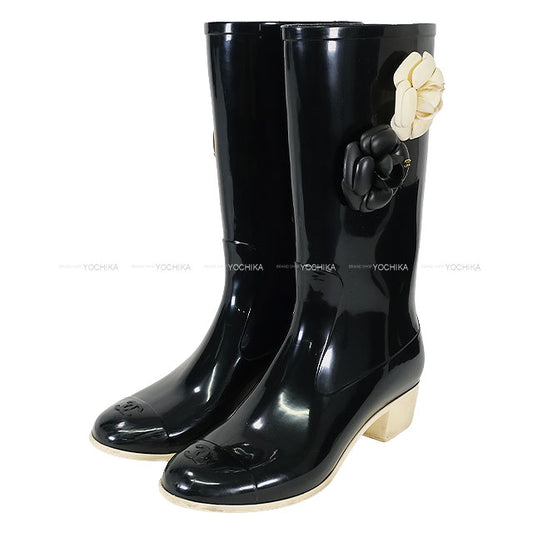 [Pre-loved] CHANEL boots Women's camellia Rain Boots COCO Mark Noir (Black)/Blanc (White)  #40 G26648[USED AB][Authentic]