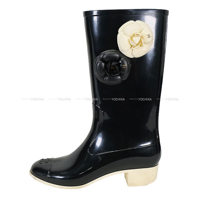 [Pre-loved] CHANEL boots Women's camellia Rain Boots COCO Mark Noir (Black)/Blanc (White)  #40 G26648[USED AB][Authentic]