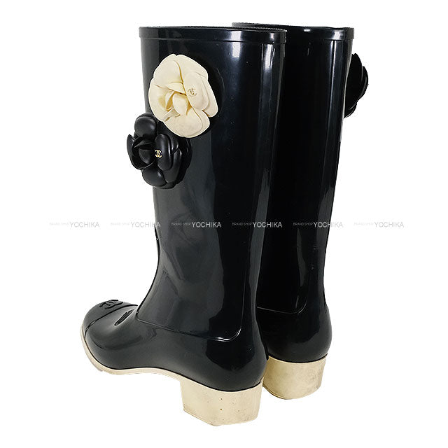 [Pre-loved] CHANEL boots Women's camellia Rain Boots COCO Mark Noir (Black)/Blanc (White)  #40 G26648[USED AB][Authentic]
