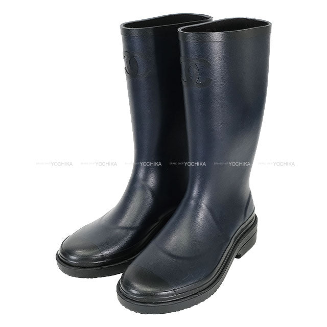 CHANEL boots Women's Long Rain Coco mark Navy/Noir (Black) Rubber #39 G45838[EXCELLENT][Authentic]