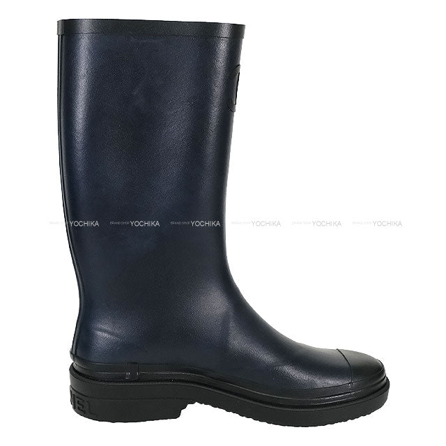 CHANEL boots Women's Long Rain Coco mark Navy/Noir (Black) Rubber #39 G45838[EXCELLENT][Authentic]