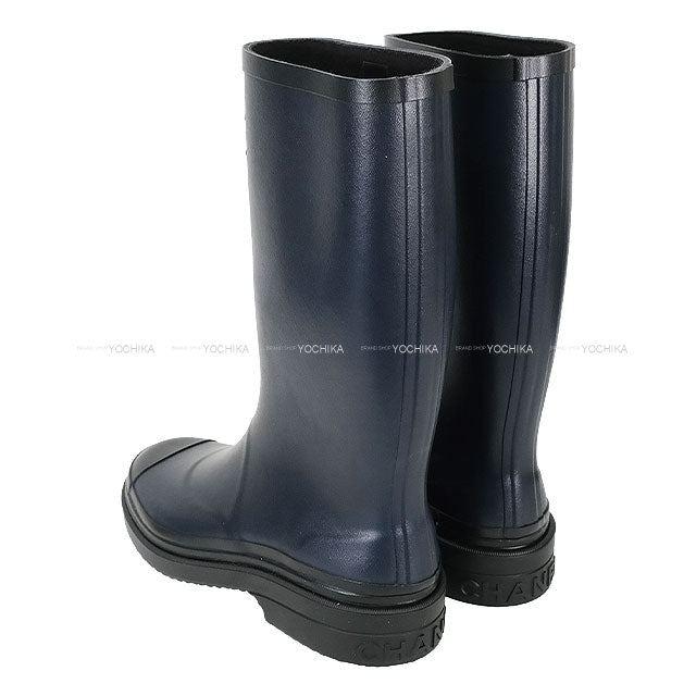 CHANEL boots Women's Long Rain Coco mark Navy/Noir (Black) Rubber #39 G45838[EXCELLENT][Authentic]