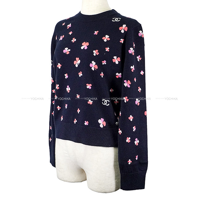 2024SS CHANEL Knit Women's Long Sleeve Floral Top Coco mark Navy/Pink Cashmere/Polyurethane/Nyron #42 P76930[BRAND NEW][Authentic]