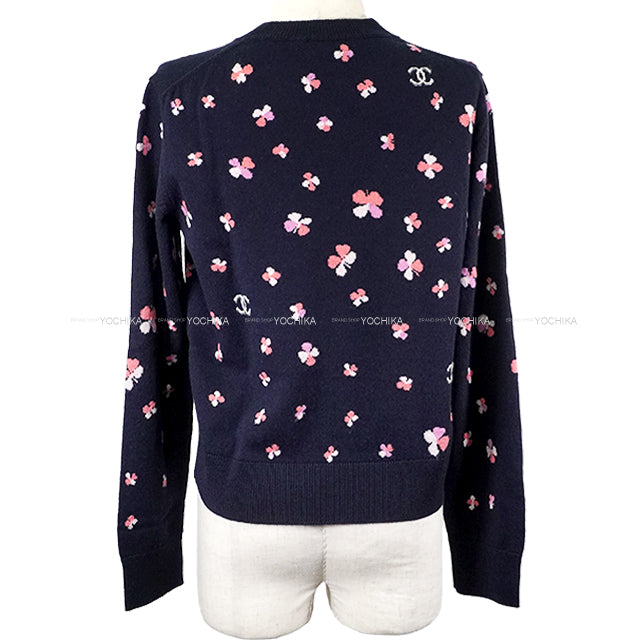 2024SS CHANEL Knit Women's Long Sleeve Floral Top Coco mark Navy/Pink Cashmere/Polyurethane/Nyron #42 P76930[BRAND NEW][Authentic]