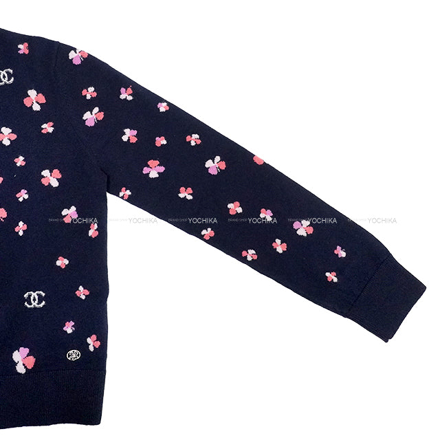 2024SS CHANEL Knit Women's Long Sleeve Floral Top Coco mark Navy/Pink Cashmere/Polyurethane/Nyron #42 P76930[BRAND NEW][Authentic]