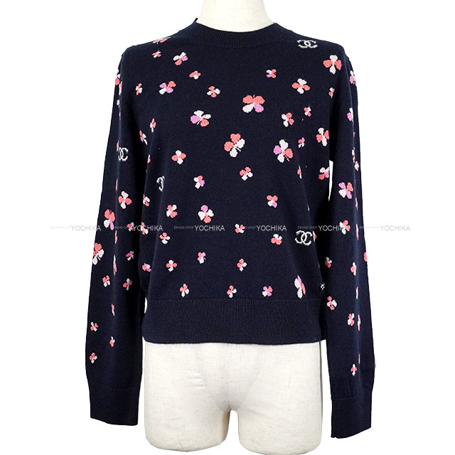 2024SS CHANEL Knit Women's Long Sleeve Floral Top Coco mark Navy/Pink Cashmere/Polyurethane/Nyron #42 P76930[BRAND NEW][Authentic]