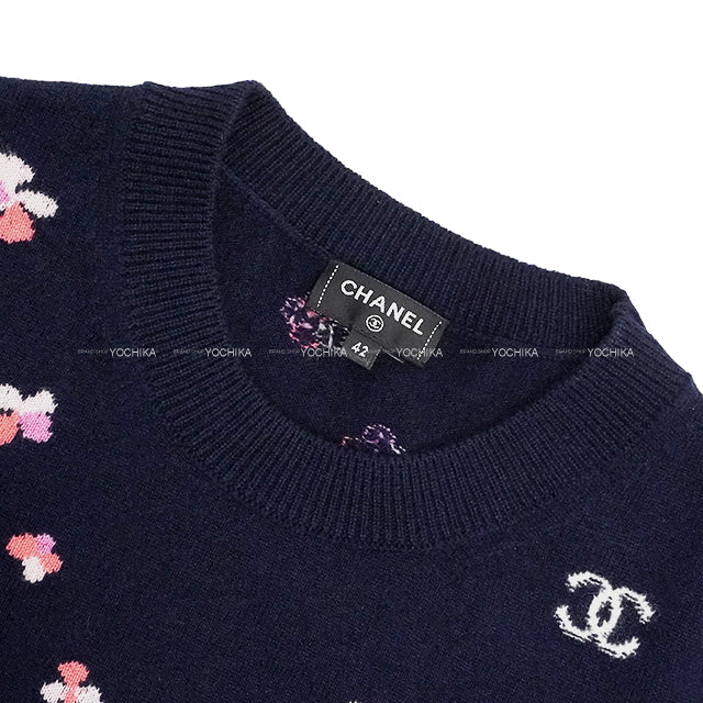 2024SS CHANEL Knit Women's Long Sleeve Floral Top Coco mark Navy/Pink Cashmere/Polyurethane/Nyron #42 P76930[BRAND NEW][Authentic]