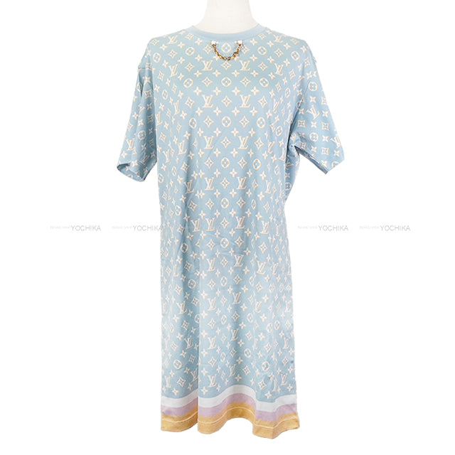 LOUIS VUITTON One‐piece dress Women's Monogram Tshirt Dress Neck Chain Light Blue/White/Yellow/Pink Cotton #XXL Gold HW 1ABYHV[EXCELLENT][Authentic]