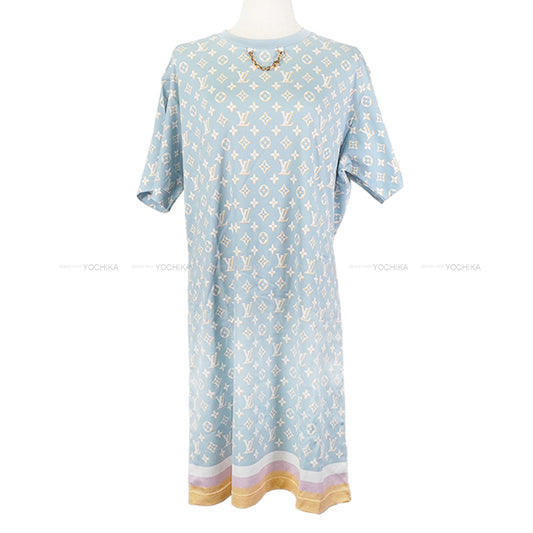 LOUIS VUITTON One‐piece dress Women's Monogram Tshirt Dress Neck Chain Light Blue/White/Yellow/Pink Cotton #XXL Gold HW 1ABYHV[EXCELLENT][Authentic]