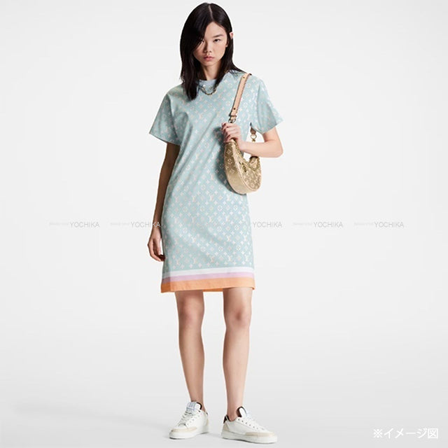 LOUIS VUITTON One‐piece dress Women's Monogram Tshirt Dress Neck Chain Light Blue/White/Yellow/Pink Cotton #XXL Gold HW 1ABYHV[EXCELLENT][Authentic]