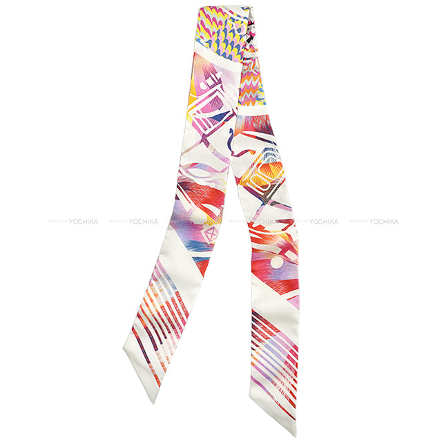 HERMES scarf Twilly Kyoto Marble Silk Ex-Libris Rose/Blanc (White)/Blue Silk100%[EXCELLENT][Authentic]