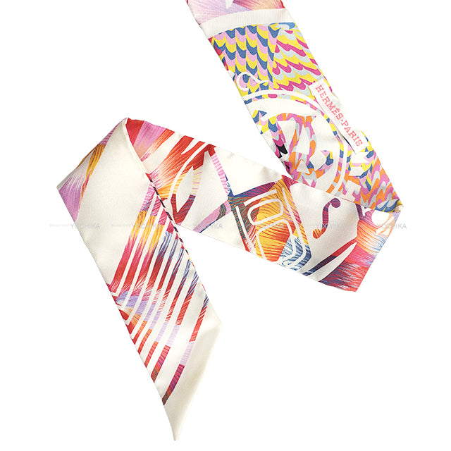 HERMES scarf Twilly Kyoto Marble Silk Ex-Libris Rose/Blanc (White)/Blue Silk100%[EXCELLENT][Authentic]