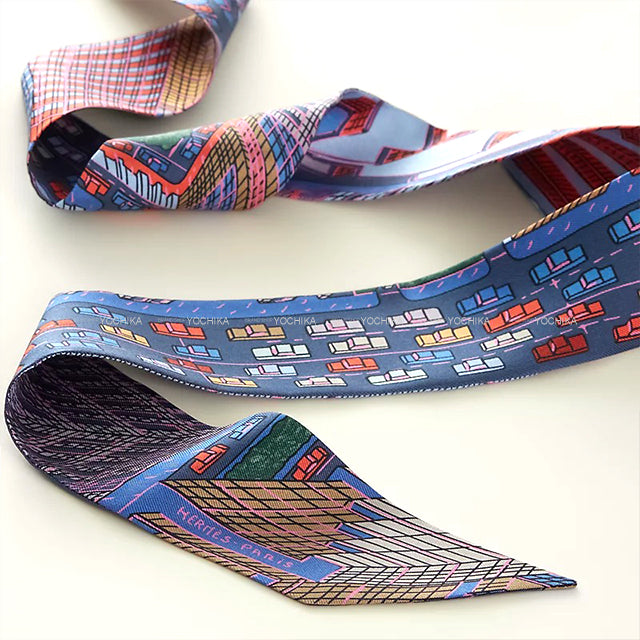 2023AW HERMES scarf Twilly Pantin City Blue /Rose/Vert Silk100%[EXCELLENT][Authentic]