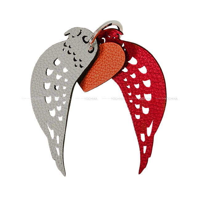 HERMES bag charm Petit H Key Ring Parrot & Heart Inseparable Gris Mouette/Black/Rouge Casaque/White/Chocolat/Terre Battue Veau Togo/Veau Epsom[EXCELLENT][Authentic]